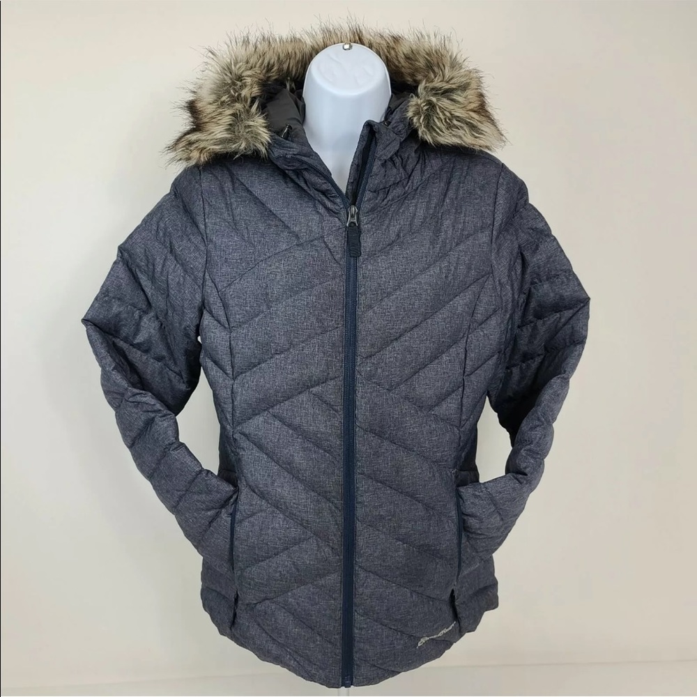 Eddie Bauer Goose Down Puff Jacket Coat Parka Faux Fur Lined Hood Sz TM
